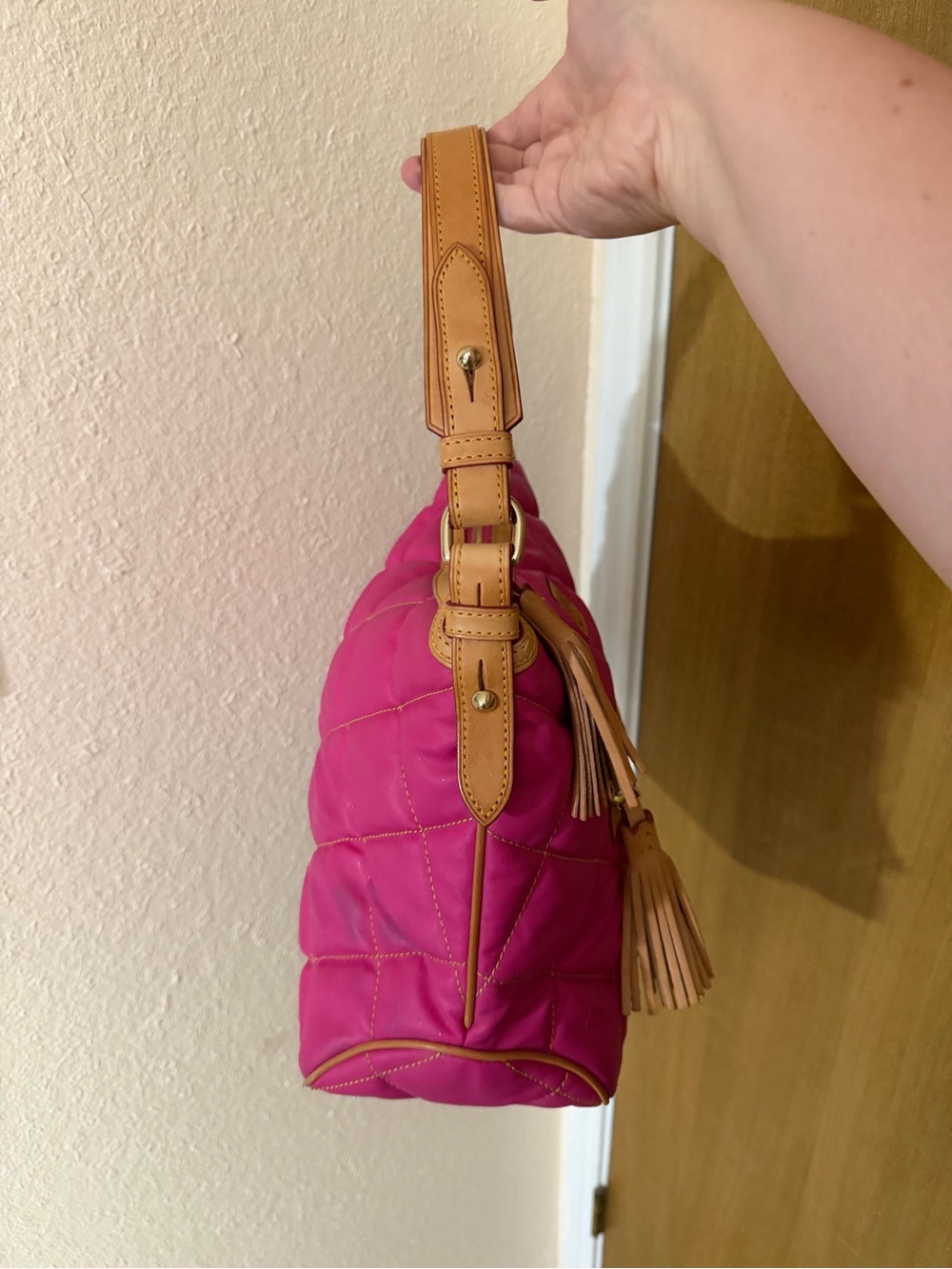 Dooney & Bourke Pink Quilted Shoulder Bag with Tan Trim - Picture 7 of 11